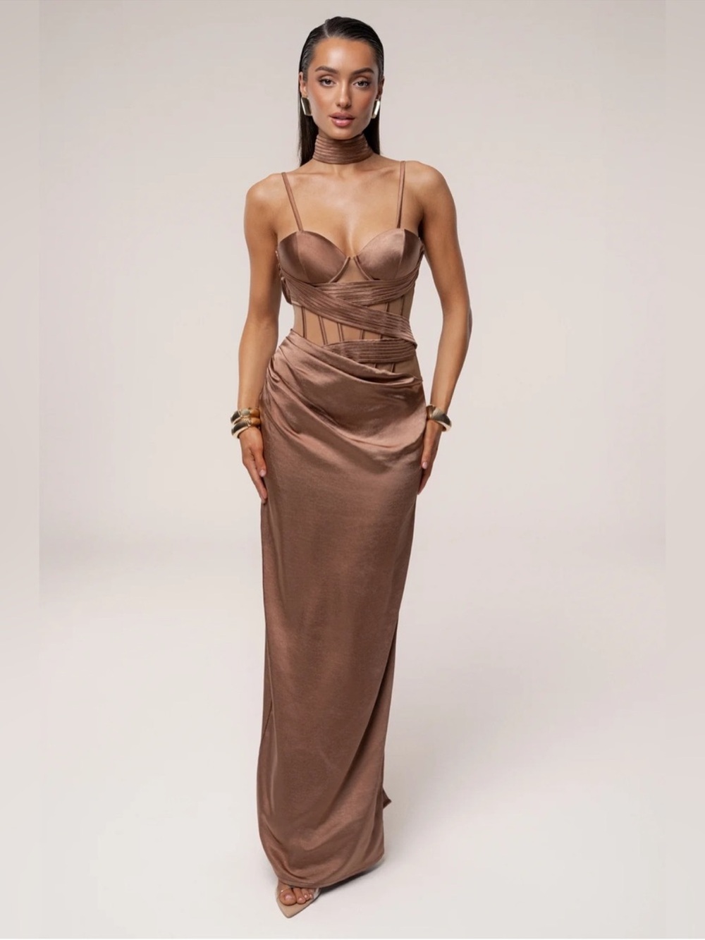 Satin Strappy Maxi Dress in Brown with Cutout Detail
